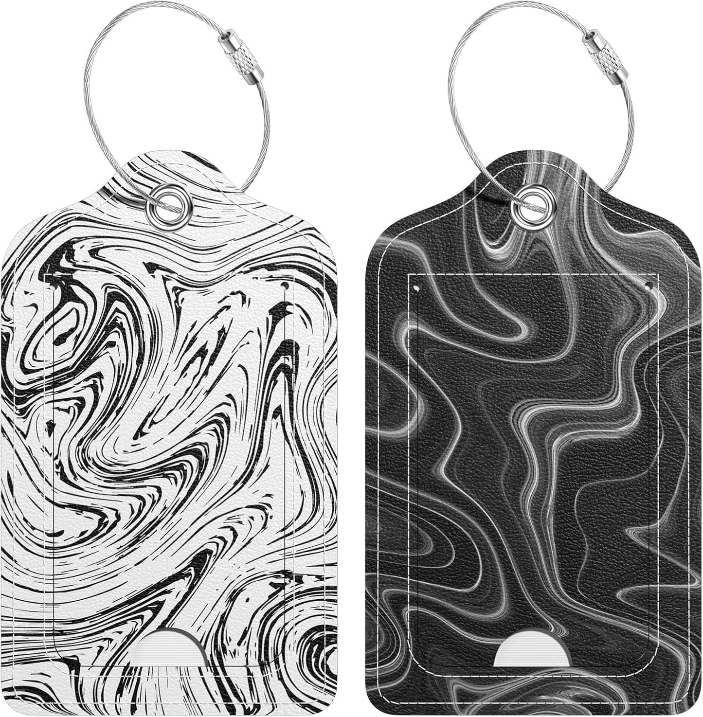 2 Pack PU Leather Luggage Tags for Suitcase, Travel Cruise Luggage Tag with Privacy Flap, Name ID Label and Metal Loop for Women Men Baggage Handbag School Bag Backpack, White Black Marble