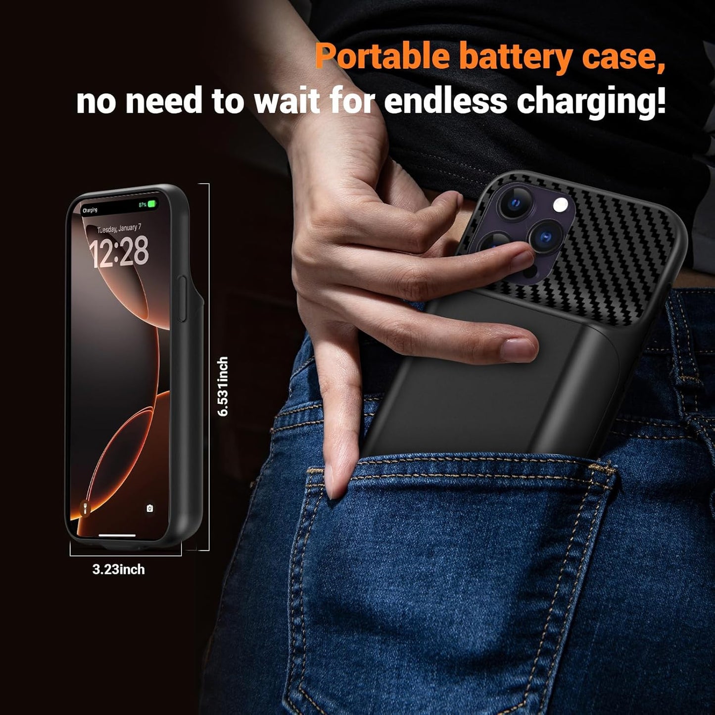 Upgraded 13800mAh Battery Case for iPhone 13 Pro Max, 14 Pro Max, 14 Plus [6.7 Inch] - High Capacity Portable Charger Case with Tempered Glass Screen Protector Black