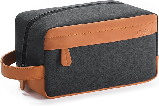 Elviros Travel Toiletry Bag for Men, Hanging Dopp Kit and Shaving Tool Pouch, Water Repellent PU Leather Mens Gift Toiletry Travel Small Bag for Bathroom and Gym, Black