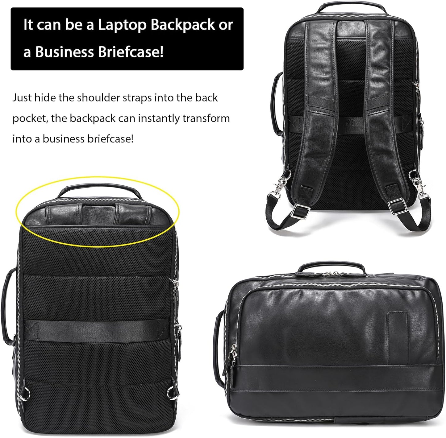 LANNSYNE Vegetable Tanned Leather Backpack for men, Expandable Leather Backpack Fits 15.6 Laptop, Tote Shoulder Travel Bag Rucksack