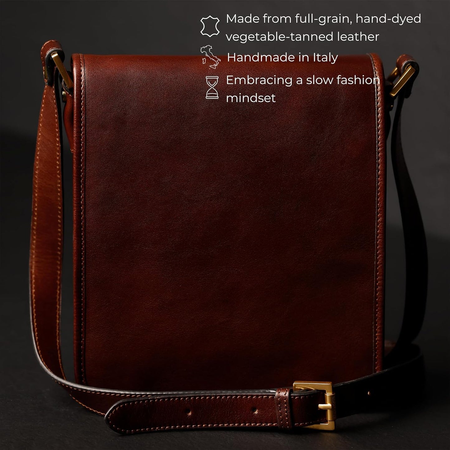 Time Resistance Italian Leather Messenger Bag for Men - Full Grain Leather Men's Crossbody Bag - Tablet Sized Shoulder Bag