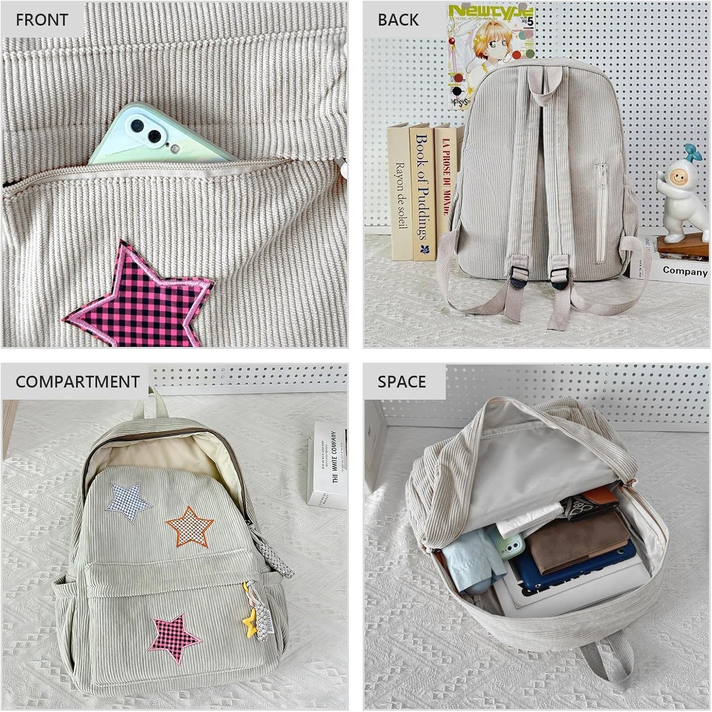 Corduroy Backpack with Star Pattern, Trendy and Versatile, Fits 14'' Laptop Large Capacity Daily Commute (Beige)