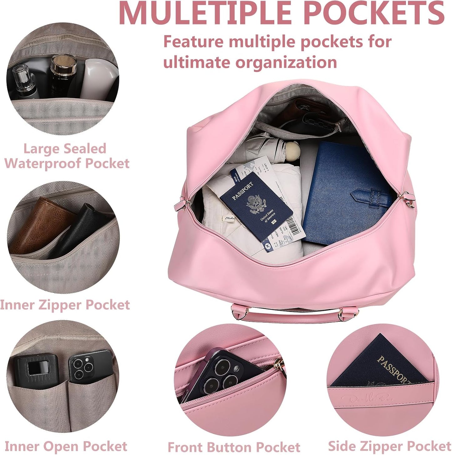 4PCS Leather Duffle Bags, Weekender Bag for Women Men, Large Travel Duffel-Overnight Bag with Toiletry, Makeup, Shoulder Bag, Faux Leather Carry On with Shoe Compartment (Pink)