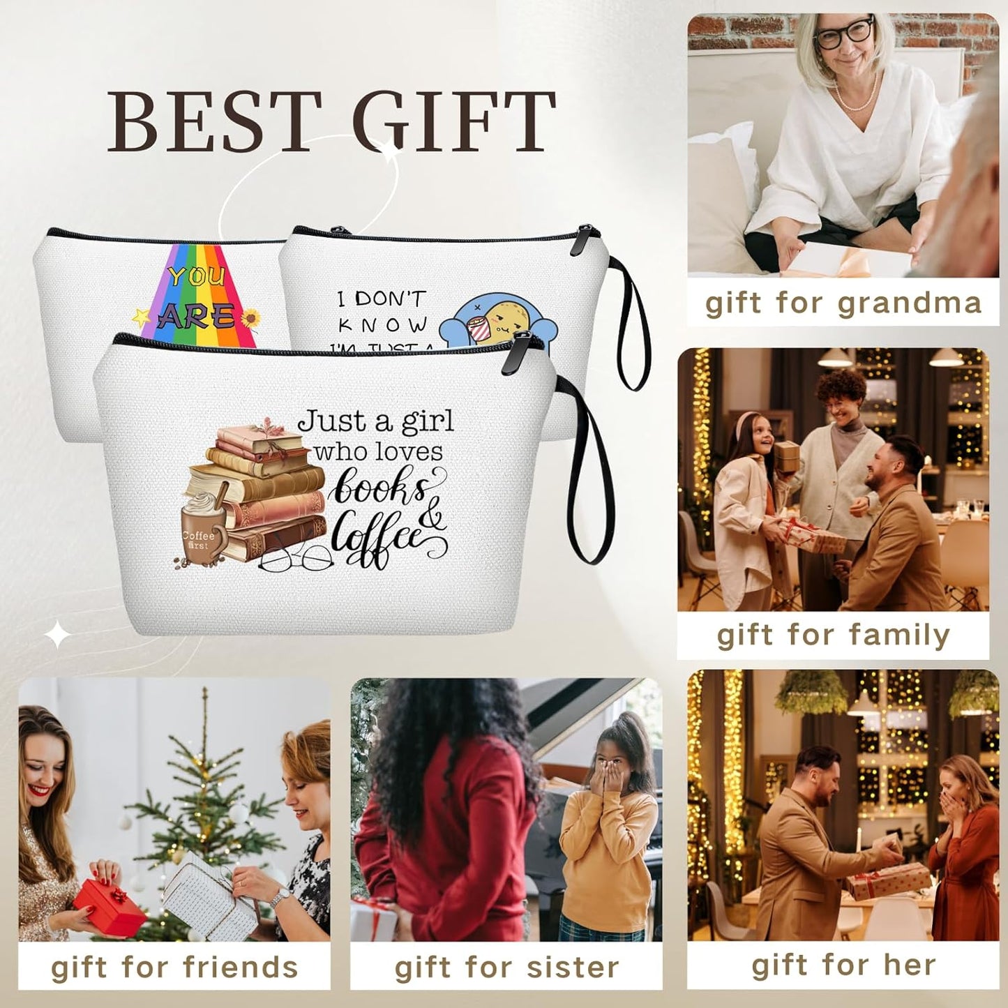 Friend Birthday Gifts for Women Teacher Reader Coffee Lovers Travel Cosmetic Make Up Bags for Daughter Female