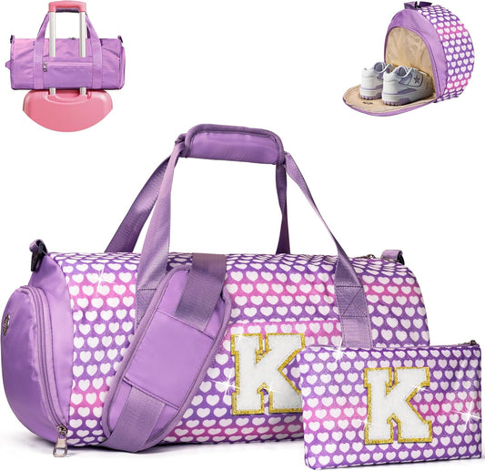 9 Year Old Girl Birthday Gifts, Girls Travel Duffel Bag, Kids Initial Overnight Bags with Shoe Compartment, Personalized Gym Ballet Dance Bag with Makeup Pouch, Gift for Grandkids (Letter K)