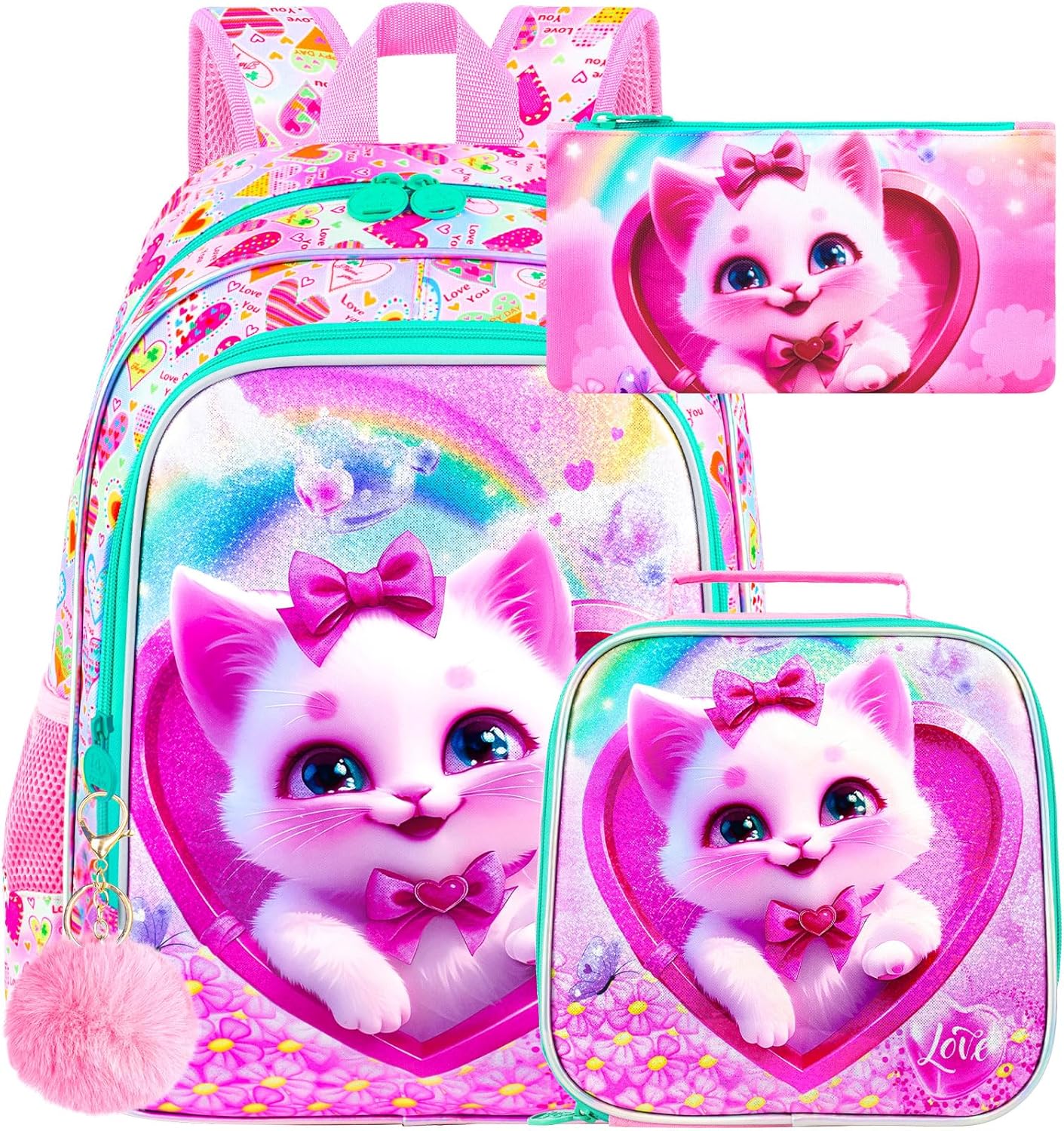 3PCS Girls Backpack, Kids Water Resistant Heart Bookbag Set with Lunch Box, Cute Kids School Bag for Preschool Toddler