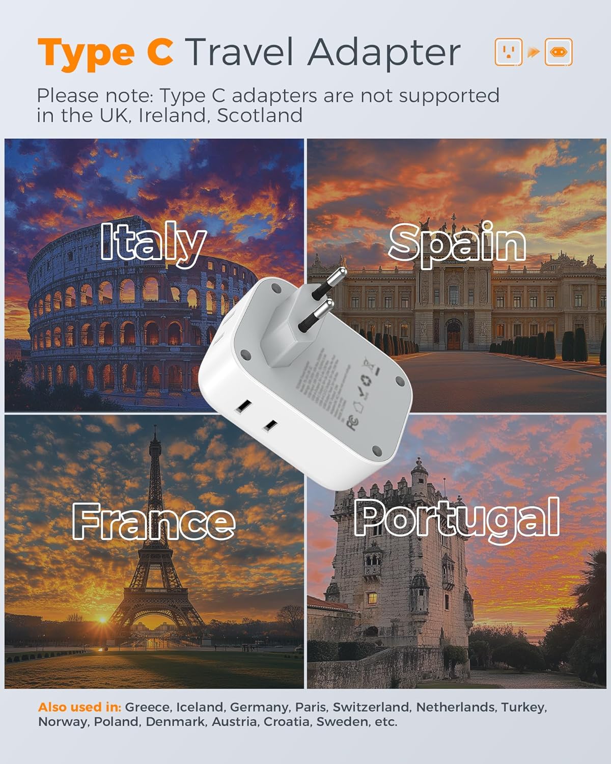 2 Pack European Travel Plug Adapter (No Voltage Conversion), TESSAN US to Europe Plug Adapter with 4 Electrical Outlets 3 USB Ports (2 USB C), Type C Power Adaptor for EU Italy Iceland Spain