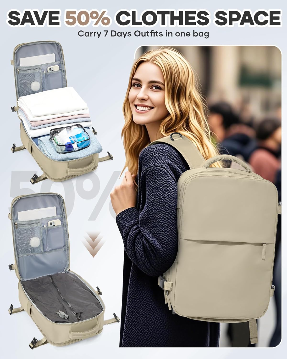 Vacuum Seal Travel Backpack with Air Pump,Compression Vacpack Waterproof Carry On Backpack for Travel Women Men with Vacuum System,Airlines Approved Daypack Laptop Space Saver Bags,Khaki