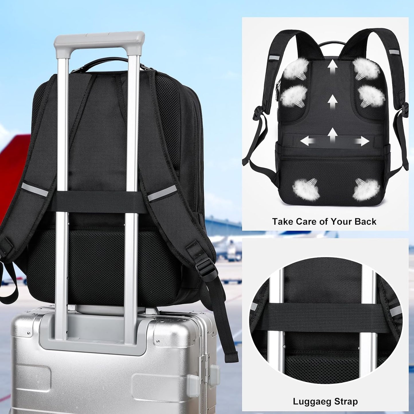 WYCY Laptop Backpack for Men - Anti Theft Computer Bag for Work, Business, College, Mochilas Para Hombres, 15.6 Inch, Black