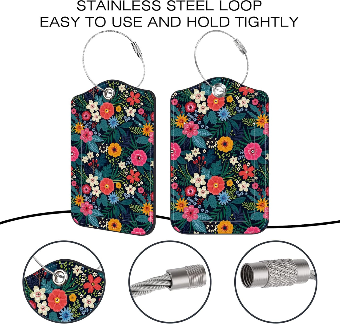 2 Pack Luggage Tags,Colorful Flowers PU Leather Idea Baggage Tag with ID Labels Privacy Cover Metal Ring Men and Women Travel Bag Labels