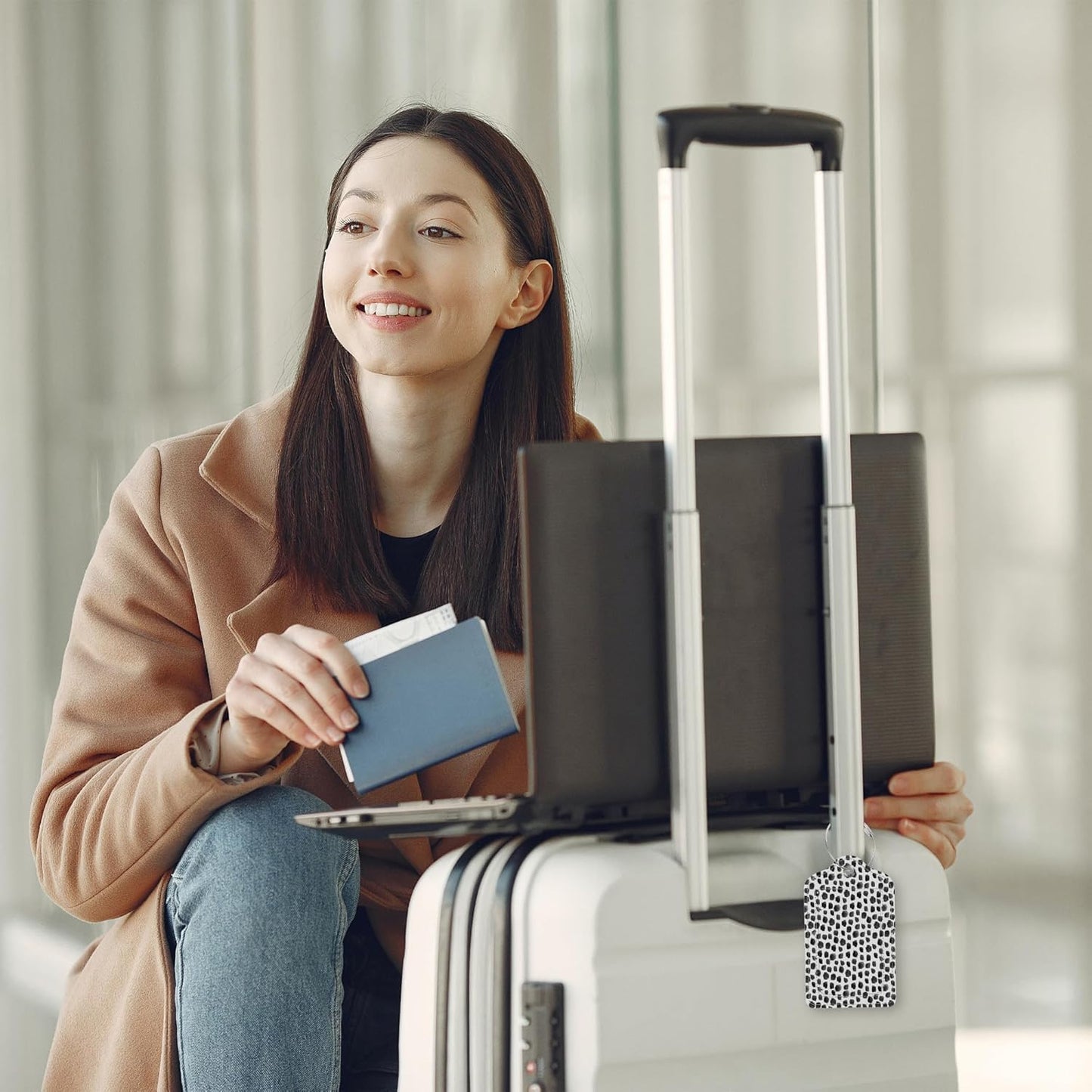 Set of 2 Luggage Tags Black White Watercolor Dots Leather Suitcases Tag with Privacy Cover Stainless Steel Loop and Address Card for Women Men Travel