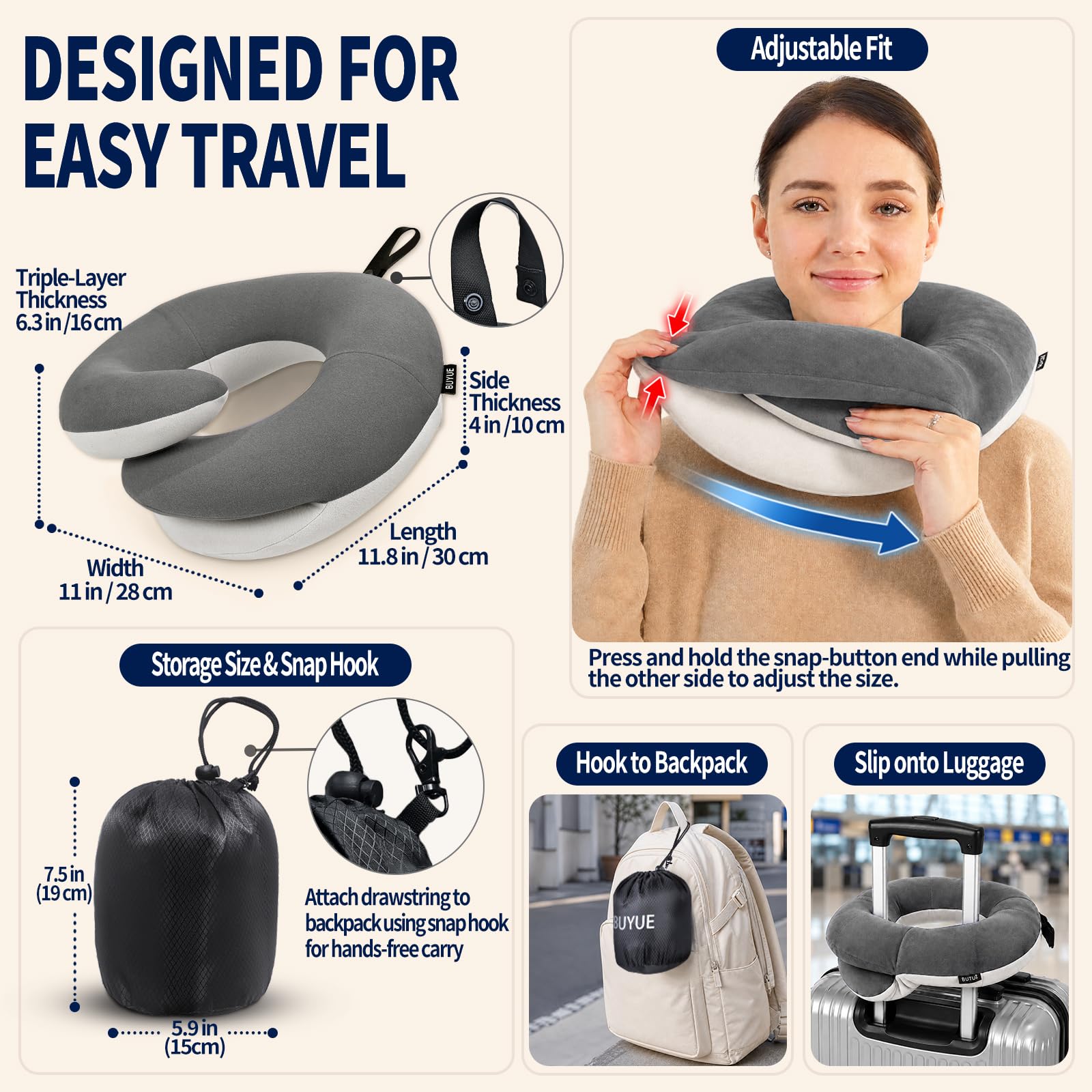 BUYUE Travel Neck Pillows for Airplanes, Memory Foam 360° Head Support Sleep for Long Flight