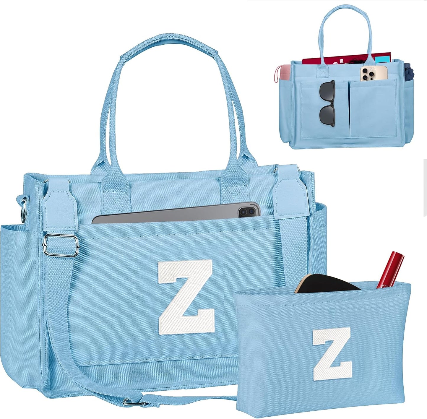 Gifts for Women Teen Girls, Initial Tote Bag with Zipper, Letter Canvas Tote Purse for College Work Laptop Beach