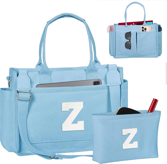 Gifts for Women Teen Girls, Initial Tote Bag with Zipper, Letter Canvas Tote Purse for College Work Laptop Beach