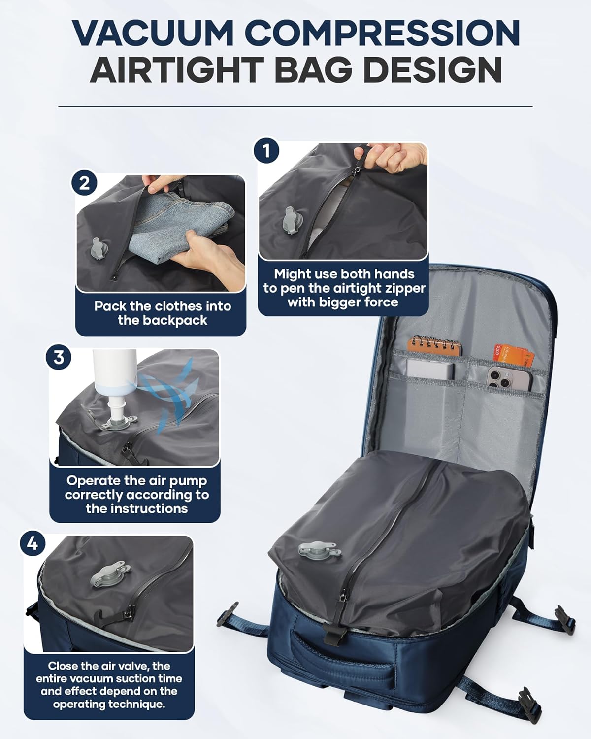 Vacuum Backpack Travel with Pump,Travel Backpack with Vacuum System, Shoe Compartment,United Airlines Personal Item Bag 17x10x9,Mochila compresion al vacio,Navy Blue