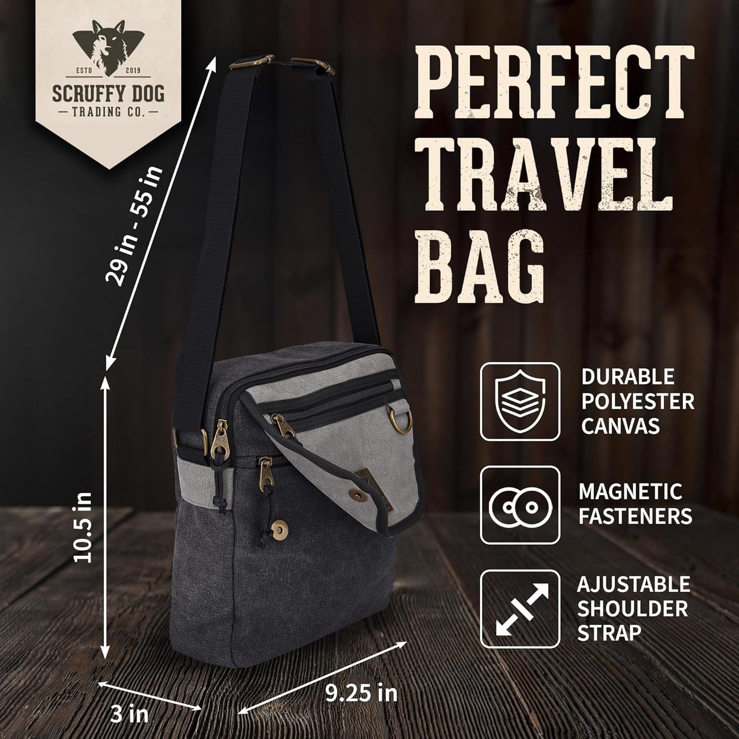 SCRUFFY DOG Crossbody Messenger Bag for Men and Women - Canvas Shoulder Bags with Adjustable Strap - Small - 11 inch