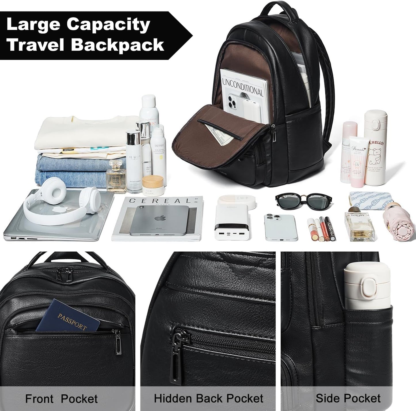 43L Backpack Purse For Women Leather Shoulder Diaper Bookbag Tote 17 16 15.6 Inch Laptop Bag Handbags For Travel Work College Large Black
