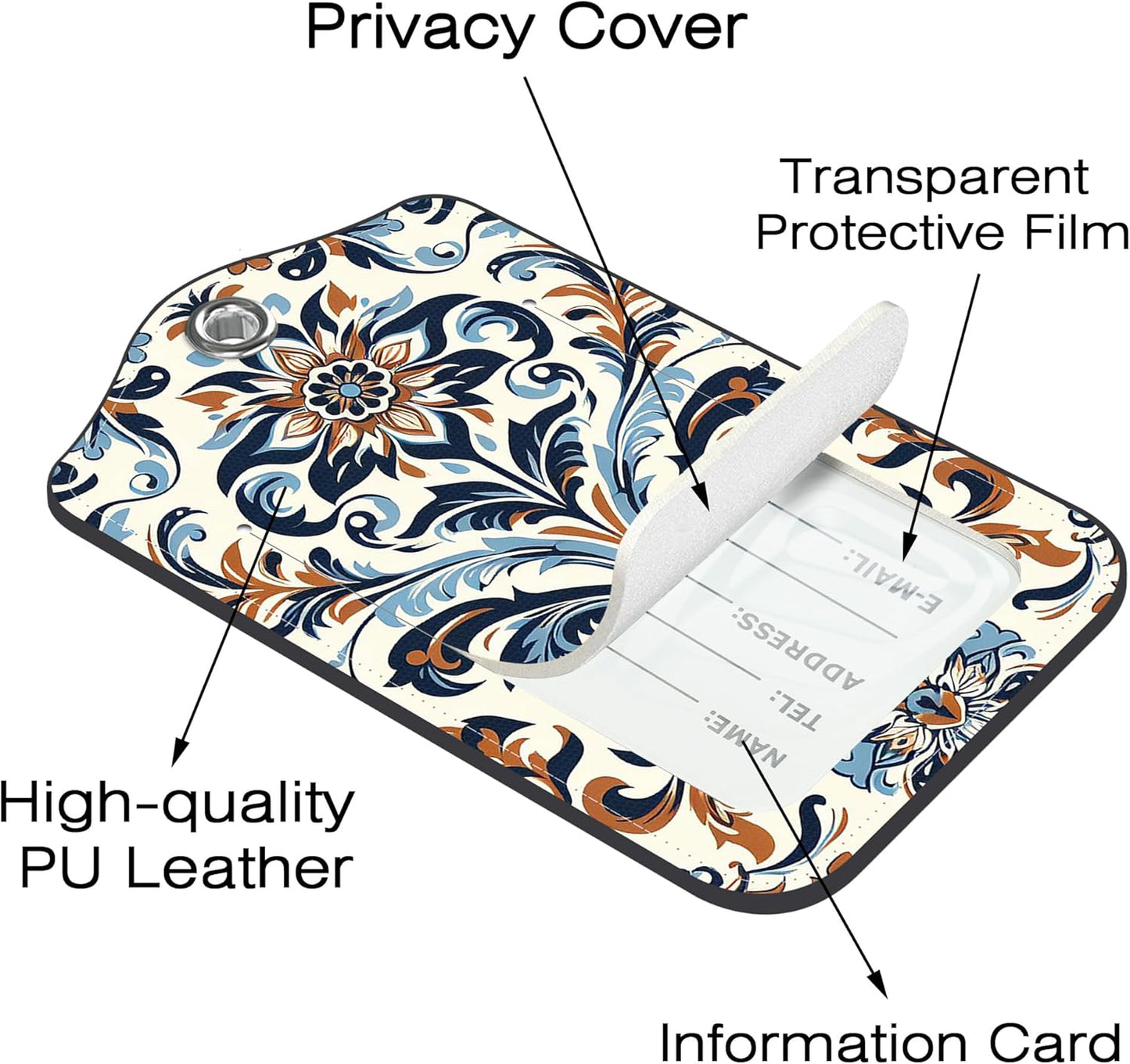 2 Pack Luggage Tags,Damask Floral PU Leather Idea Baggage Tag with ID Labels Privacy Cover Metal Ring Men and Women Travel Bag Labels