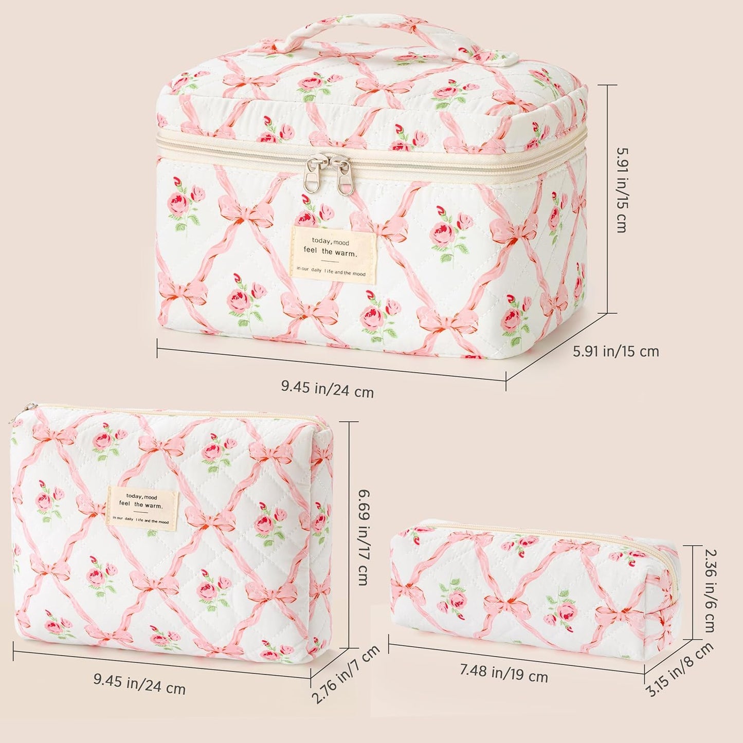 HBselect Quilted Makeup Bag, 3PCS Cotton Large Travel Makeup Bag, Cute Floral Coquette Make up Bag Cosmetic Bag Toiletry Bag for Women Girls