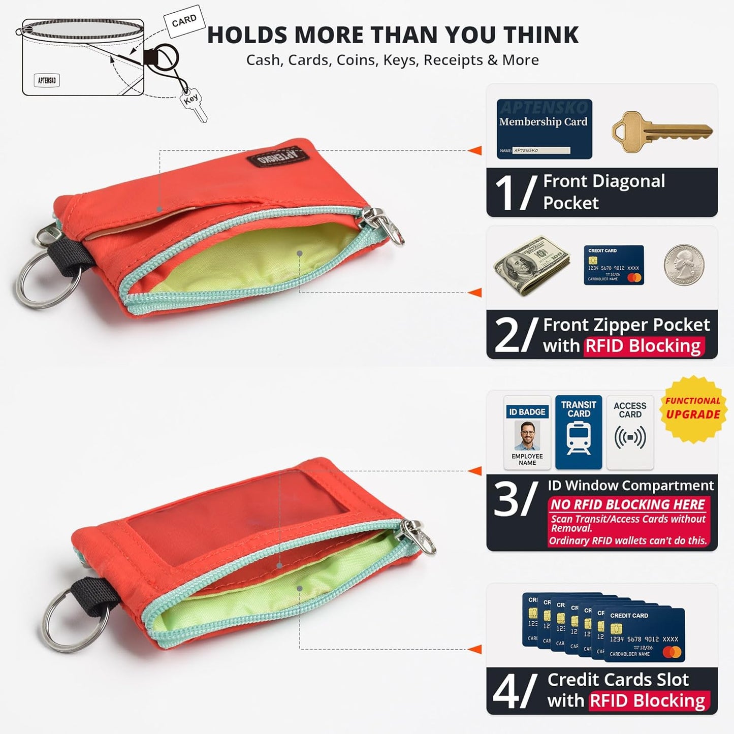 RFID Travel Wallet with Adjustable Lanyard-Zipper Small Wallet with ID Card Holder, Keychain for women&men-Minimalist Slim Waterproof Nylon case for ID, Cash, Key (Blazing Orange)