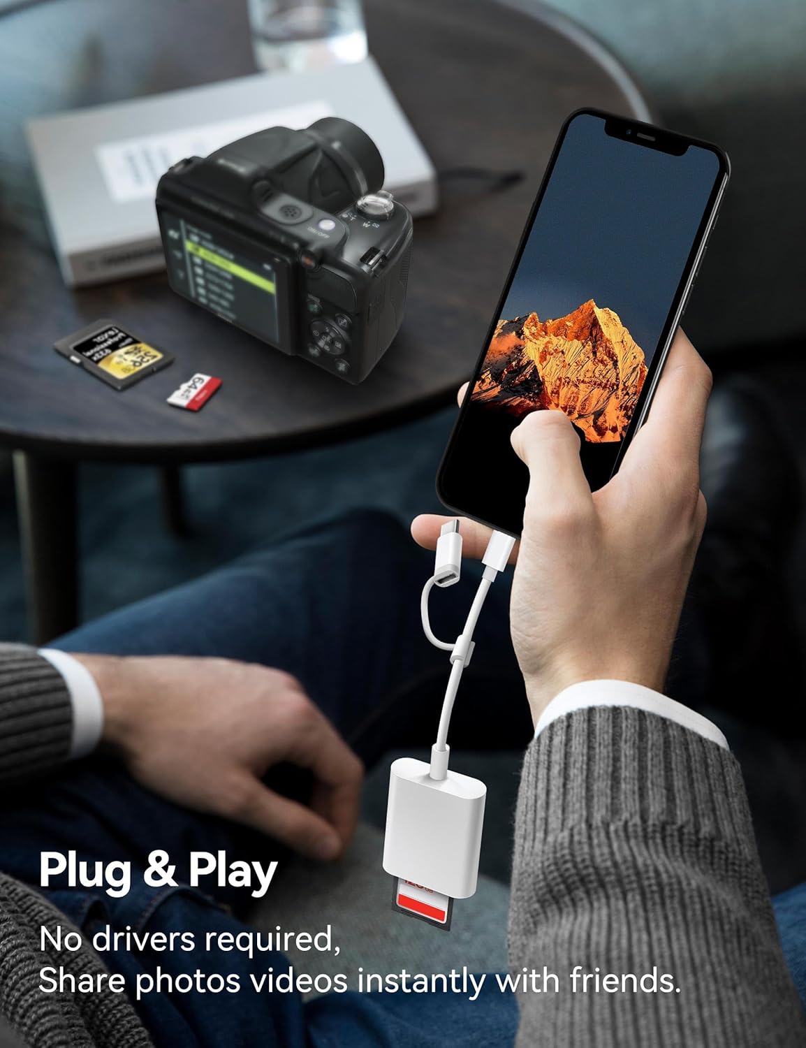 SD Card Reader for iPhone, SD Card Adapter with Lightening & USBC Dual-Connector for iPhone 5-14