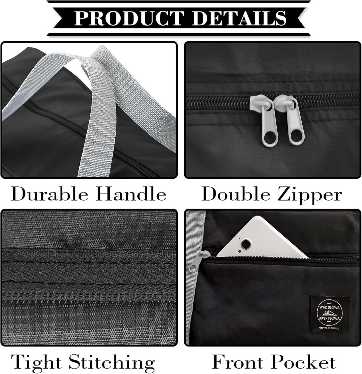 INVODA Travel Bag Carry on Luggage Foldable Duffel Bag Sports Gym Bag Weekender Overnight Bag Water Resistant Nylon Travel Duffel for Men Women (Black)