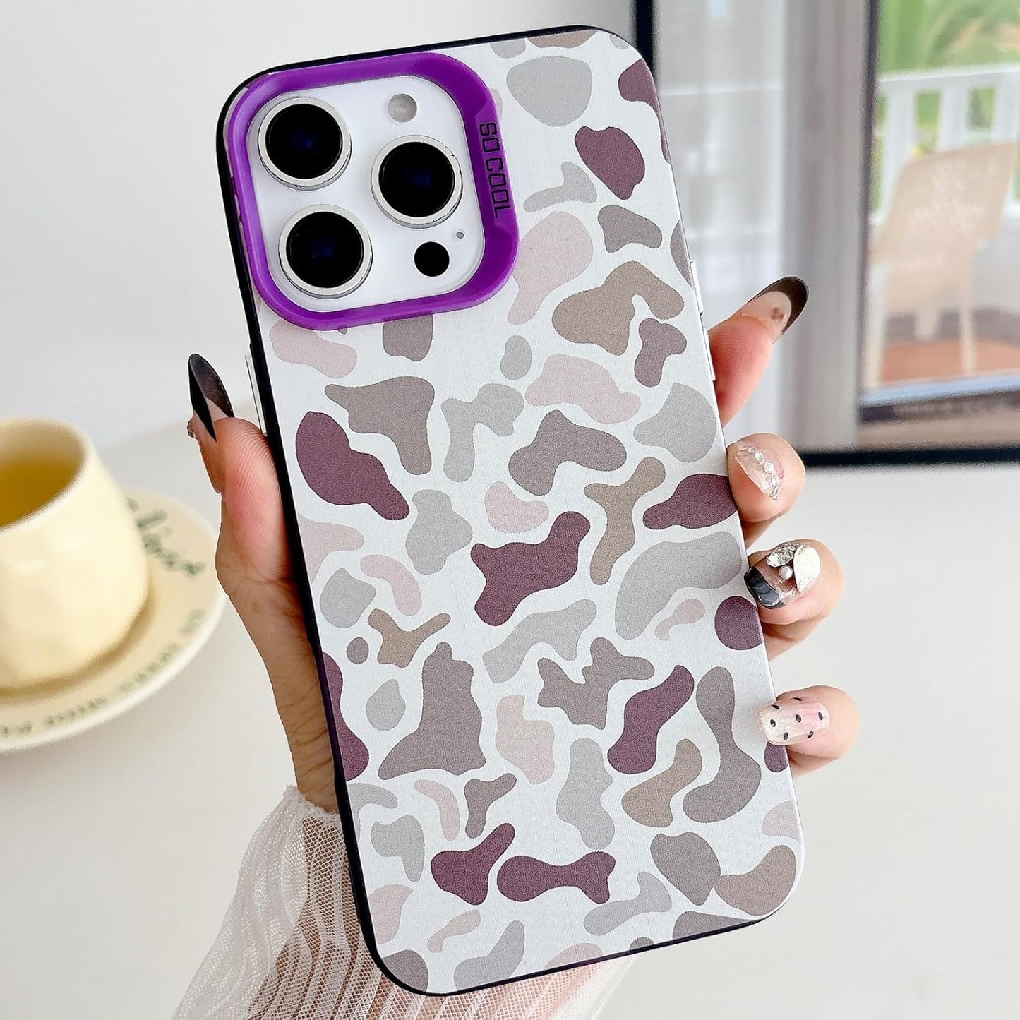 for iPhone 16 Pro Max Case, Vintage Camo Pattern Design for Men Boys Teens, Cool Camouflage Shockproof Protective Cover for Girls Women - Purple