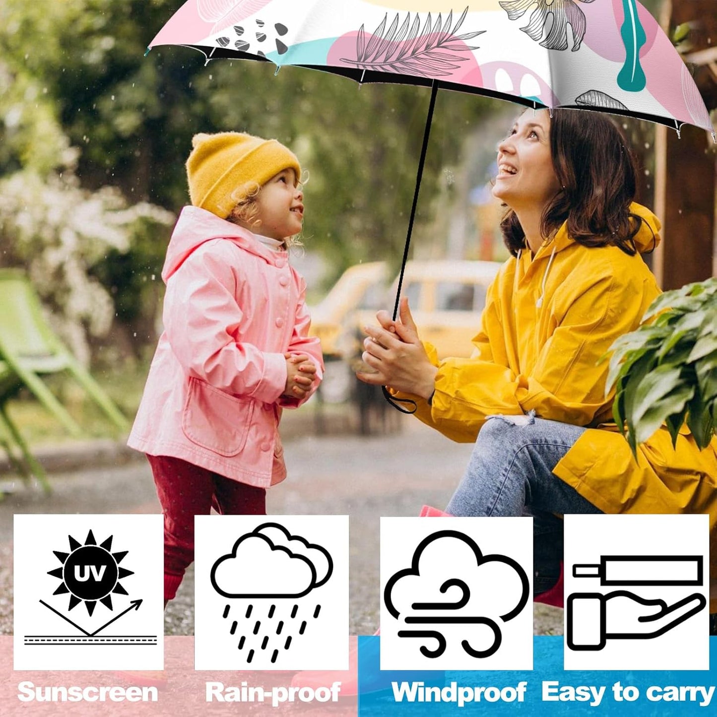 Small Travel Folding Umbrella for Girl, Portable, UV, SunShade, Compact, Automatic, Rain & Wind