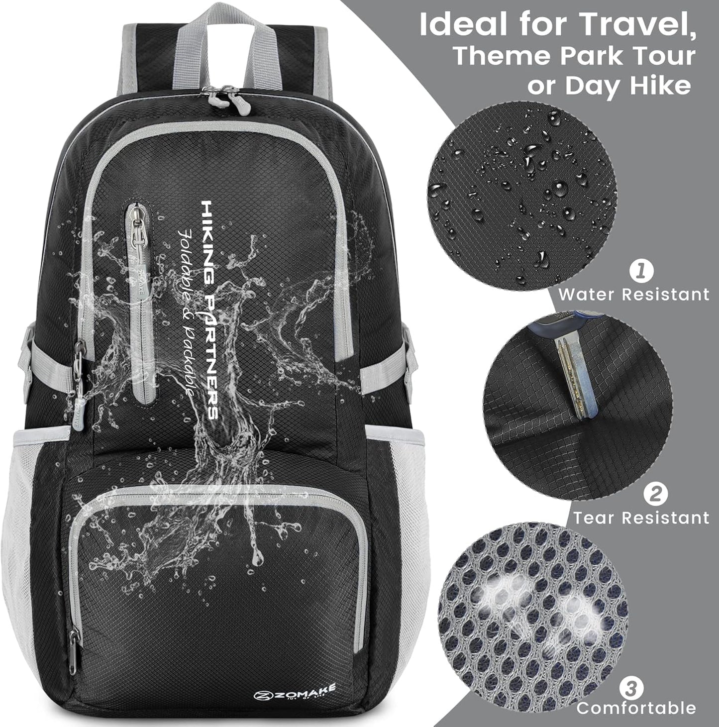 ZOMAKE Lightweight Packable Backpack, 35L Light Foldable Hiking Backpacks Water Resistant Collapsible Daypack for Travel(Black)
