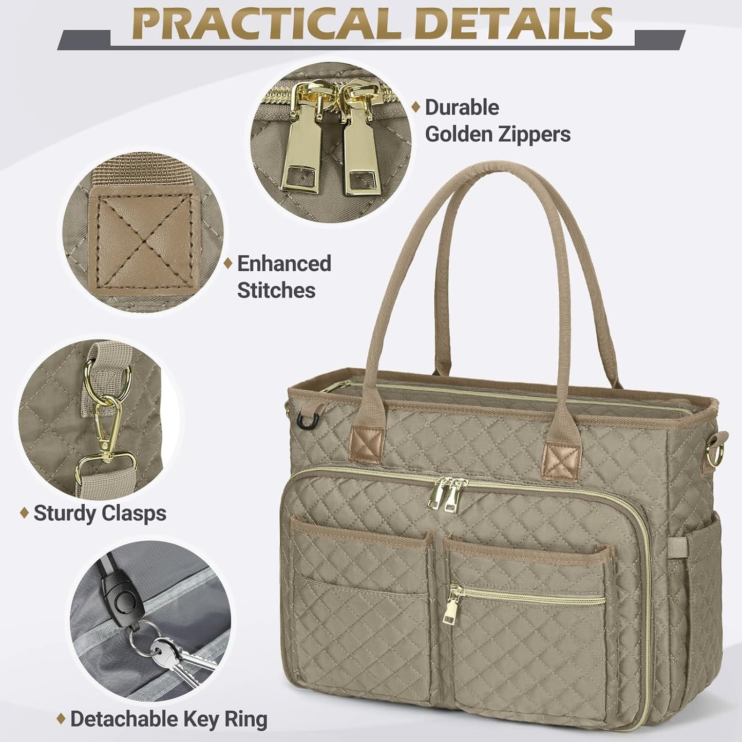 RAINSMORE Teacher Tote Bag 15.6 inch Laptop Bag for Women Work Bags Laptop Tote Nurse Bag Professional Computer Messenger with Insulated Pocket, Laptop Briefcase for Office, College,Camel