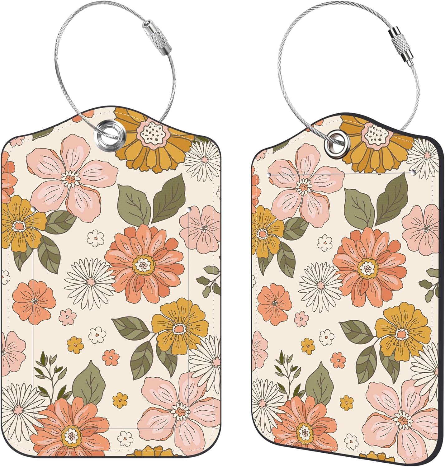 2 Pcs Luggage Tags for Suitcases, Retro Groovy Boho Flower Leather Bag Tags for Luggage Privacy Cover Name ID Label with Stainless Steel Loop Cruise Airport Travel Essentials