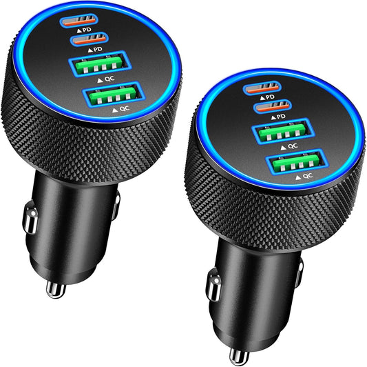 Car Charger USB C, Rombica 2Pack 4-Port 90W Dual USB-C&USB-A Car Power Cigarette Lighter Adapter PD/QC3.0 Type C Fast Car Charging for iPhone 17 17 Pro Max 16 15 14 13 12 11/Galaxy S25 S24/Pixel/iPad