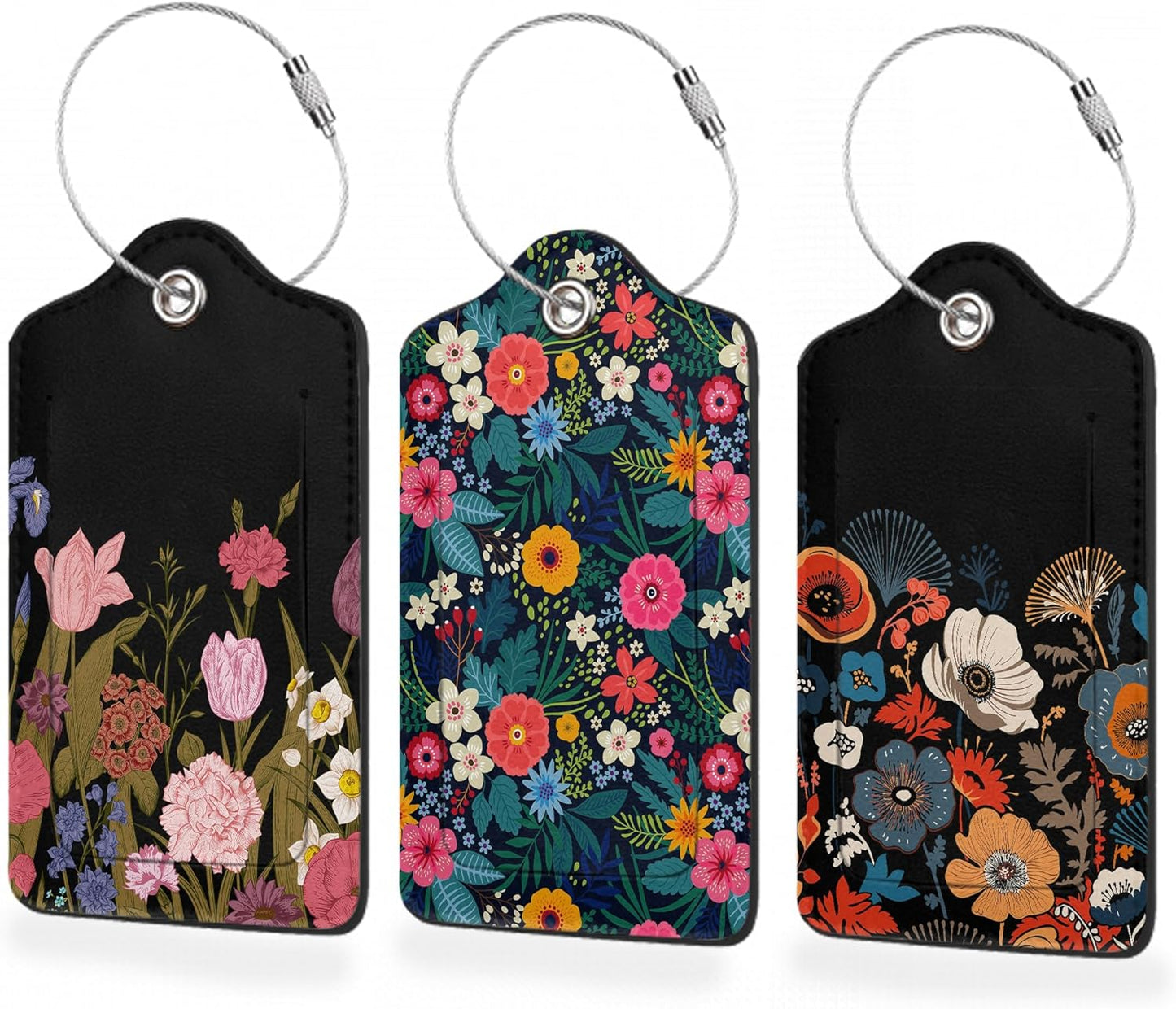 Set of 3 Luggage Tags,Colorful Flowers Spring Leather Suitcases Tag Identifiers with Privacy Name Address Labels & Durable Steel Loop for Women Men Travel