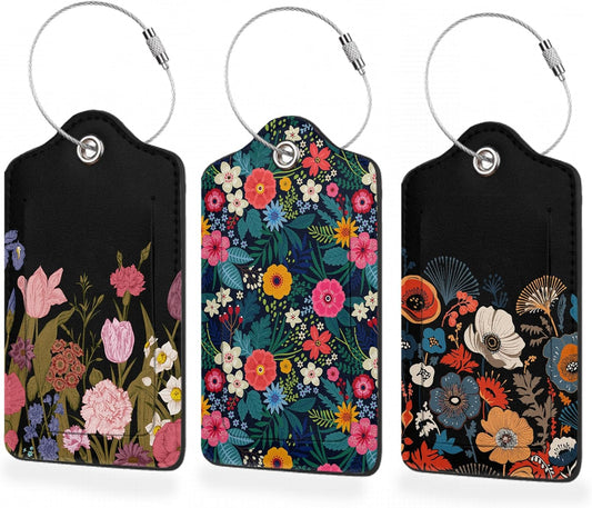 Set of 3 Luggage Tags,Colorful Flowers Spring Leather Suitcases Tag Identifiers with Privacy Name Address Labels & Durable Steel Loop for Women Men Travel