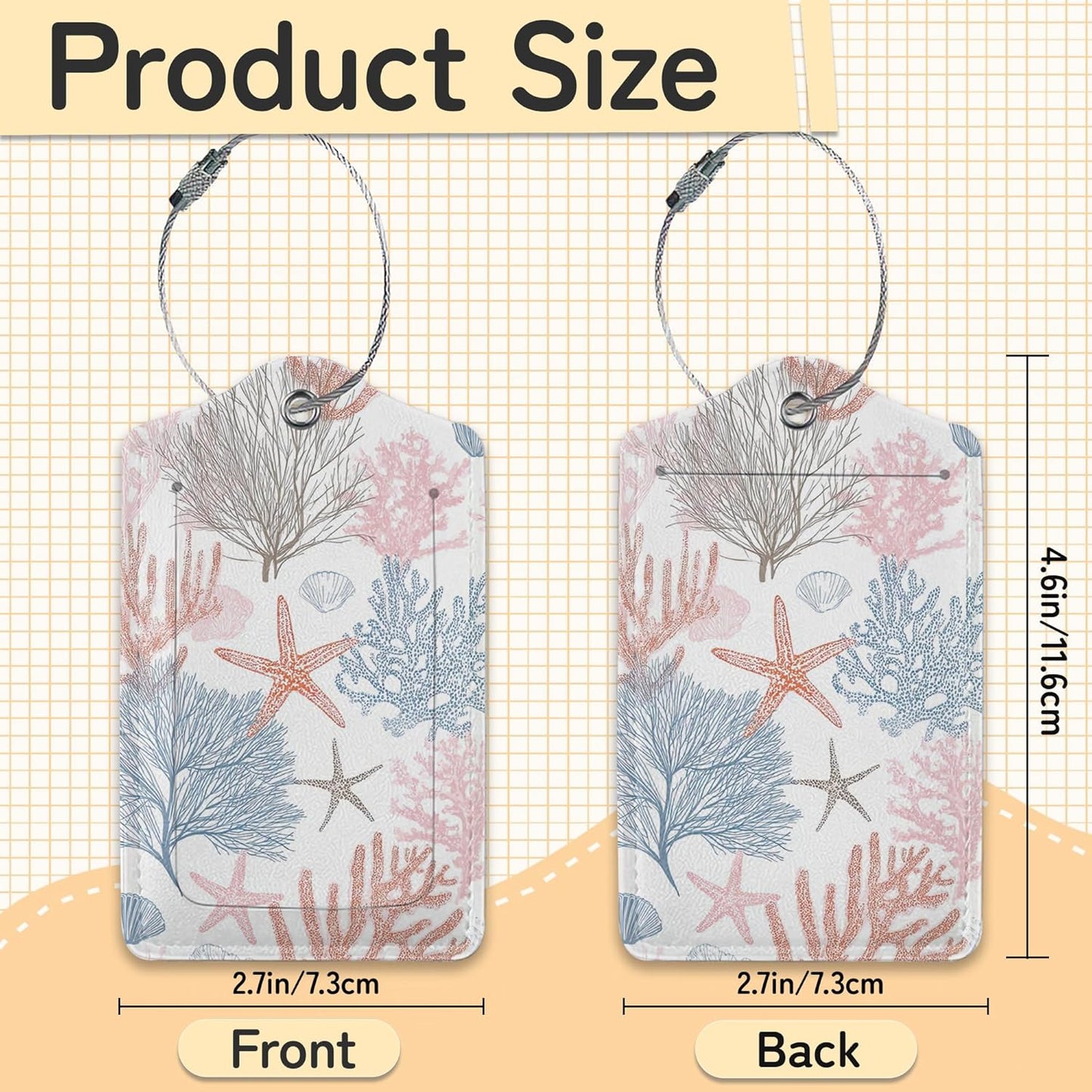 3 PCS Beach Seashell Coral Starfish Luggage Tags,Suitcase Tags Privacy Cover ID Label with Stainless Steel Loop and Address Card for Travel Bag Suitcase