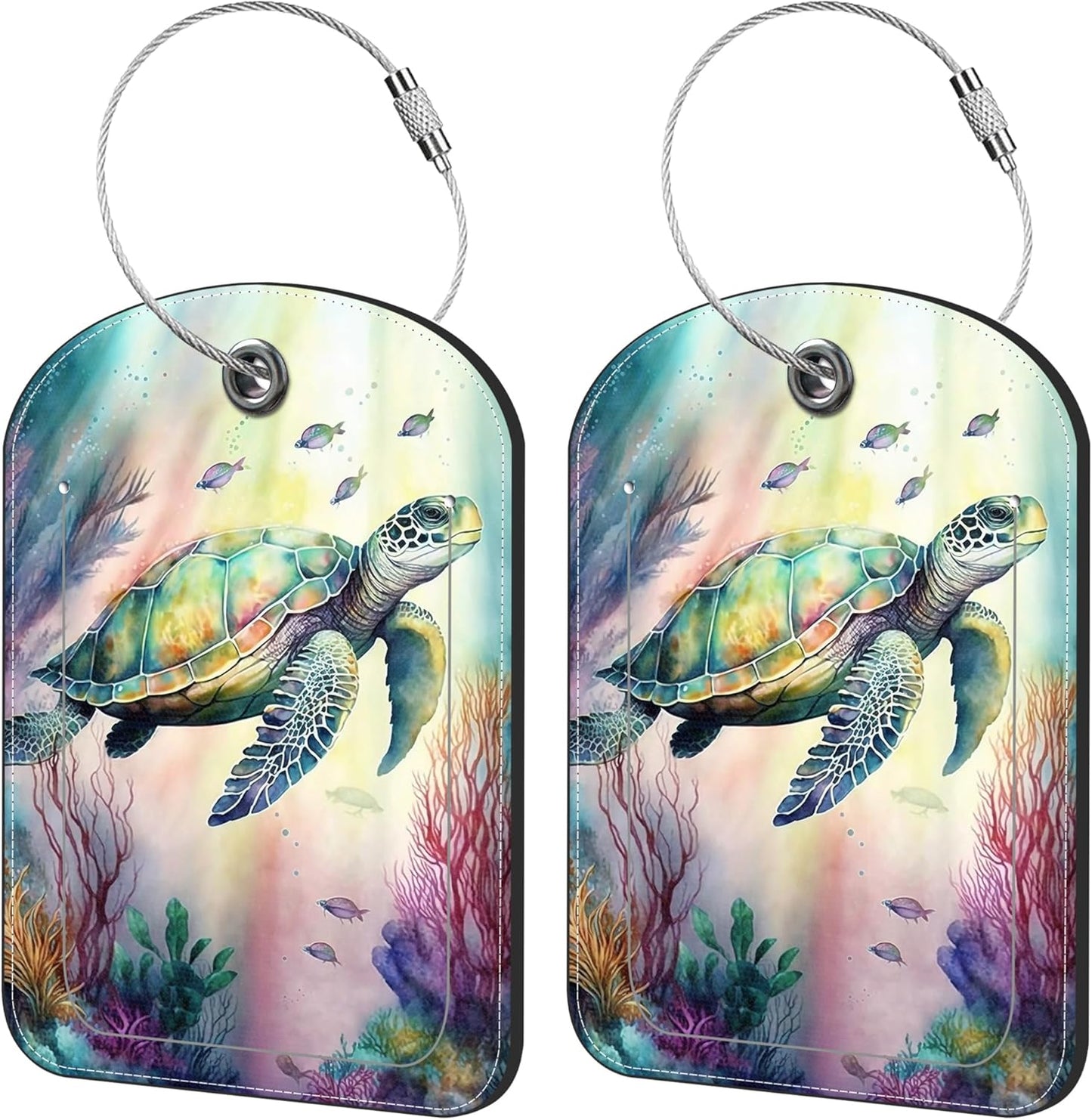 2 Pack Cute Luggage Tag for Suitcases Sea Turtle Leather Luggage Tags with Stainless Steel Loop Privacy Flap Name Tags,Men and Women Travel Bag Suitcase Tags