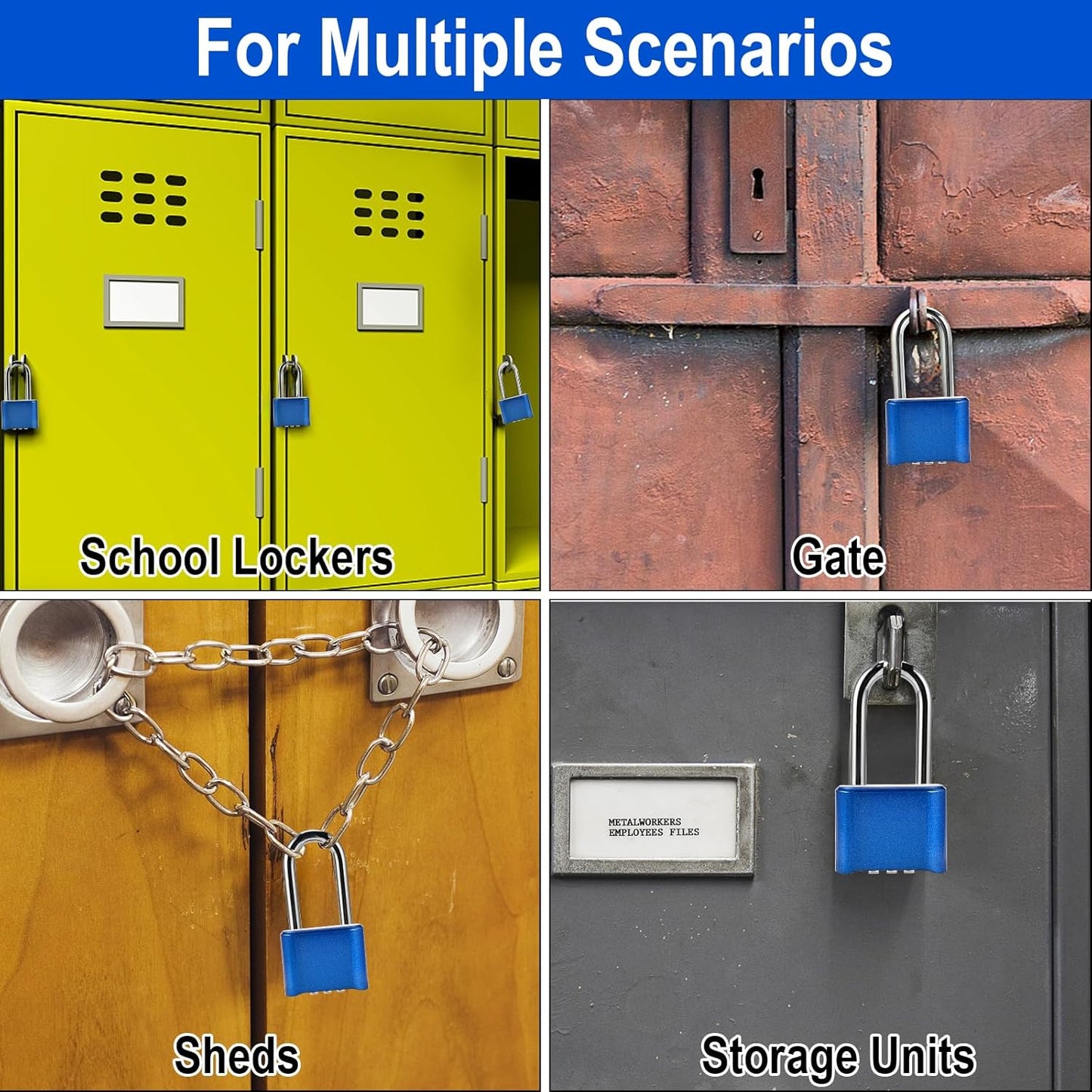 Combination Lock, 4-Digit Heavy Duty Combo Lock, Combination Padlock Weather-Resistant Heavy Duty Combo Locks for Outdoor Fence, Locker, Sheds, Gym, Gate Hasps (Long Shackle) (2pcs-Blue)