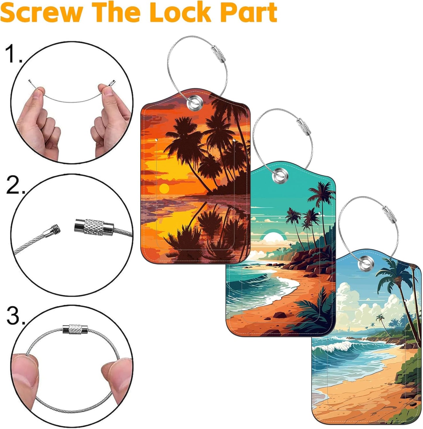 Beach Palm Trees Luggage Tag for Suitcase 3 Pack Leather Luggage Tag with Privacy Flap Name ID Label and Metal Loop for Women Men Travel