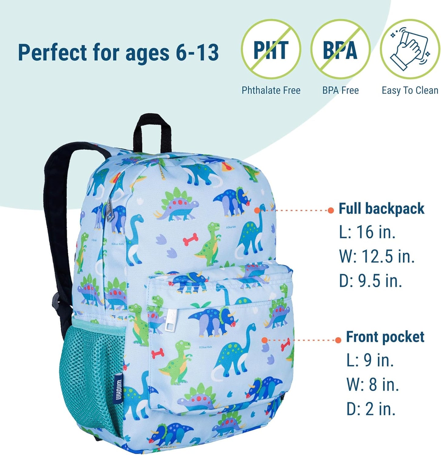 Wildkin 16-inch Kids Backpack – Durable, Padded & Spacious School Bag for Boys & Girls - Dinosaur Land
