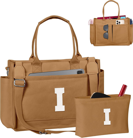 Gifts for Women Teen Girls, Initial Tote Bag with Zipper, Letter Canvas Tote Purse for College Work Laptop Beach