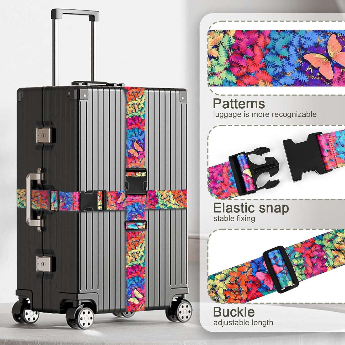 BILIONE Vibrant Flowers-Pattern Luggage Straps for Suitcases, Travel Belt Accessories Luggage Identifiers Adjustable Nylon Suitcase Belts for Travel 2 Pack (Butterfly)