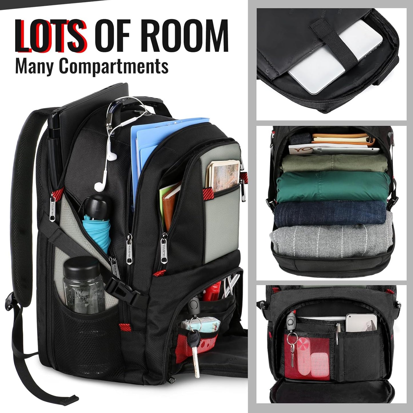 YOREPEK 18.4 Laptop Backpack, Large Backpacks with USB Charger Port, TSA Friendly Flight Approved Weekend Carry on Backpack with Luggage Strap for Men and Women, Grey