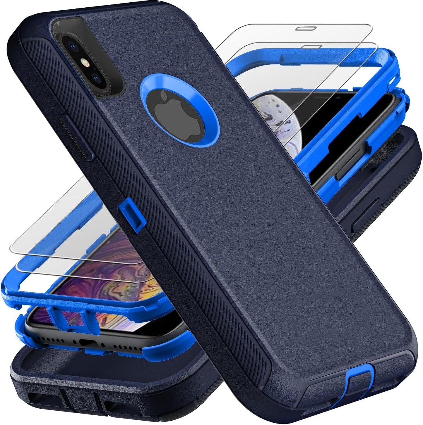 for iPhone Xs Max Case, Military Grade 3 in 1 Heavy Duty Shockproof/Drop Proof/Dust Proof Case with 2Pcs Tempered Glass Screen Protector (Navy Blue)