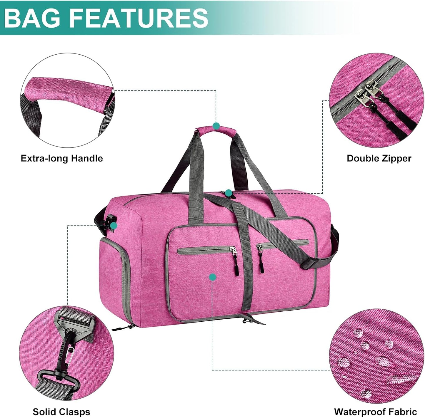 Dimayar 65L Travel Duffle Bag for Men Women - Foldable Duffel Bag with Shoes Compartment - Overnight Bags Waterproof & Tear Resistant(Rouge Pink)