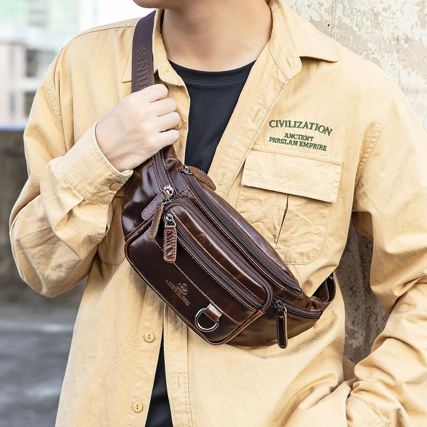 Genuine Leather Fanny Pack HandMade Durable cowhide Waist Bag Lots of Anti-theft zipper pocket Dark OilCoffee