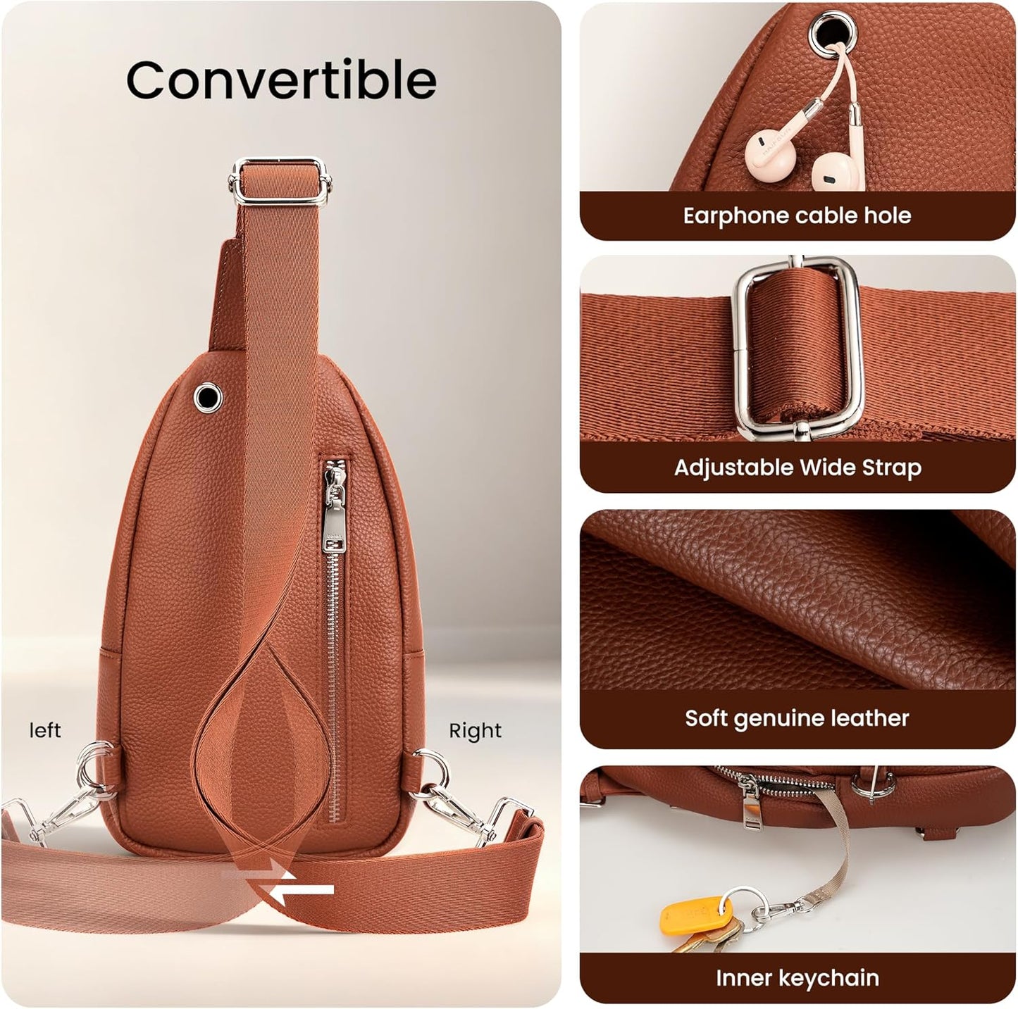 befen Genuine Leather Small Sling Bag for Women Anti-Theft Crossbody Chest Bags Multi-Pockets Fanny Pack with RFID Card Slots