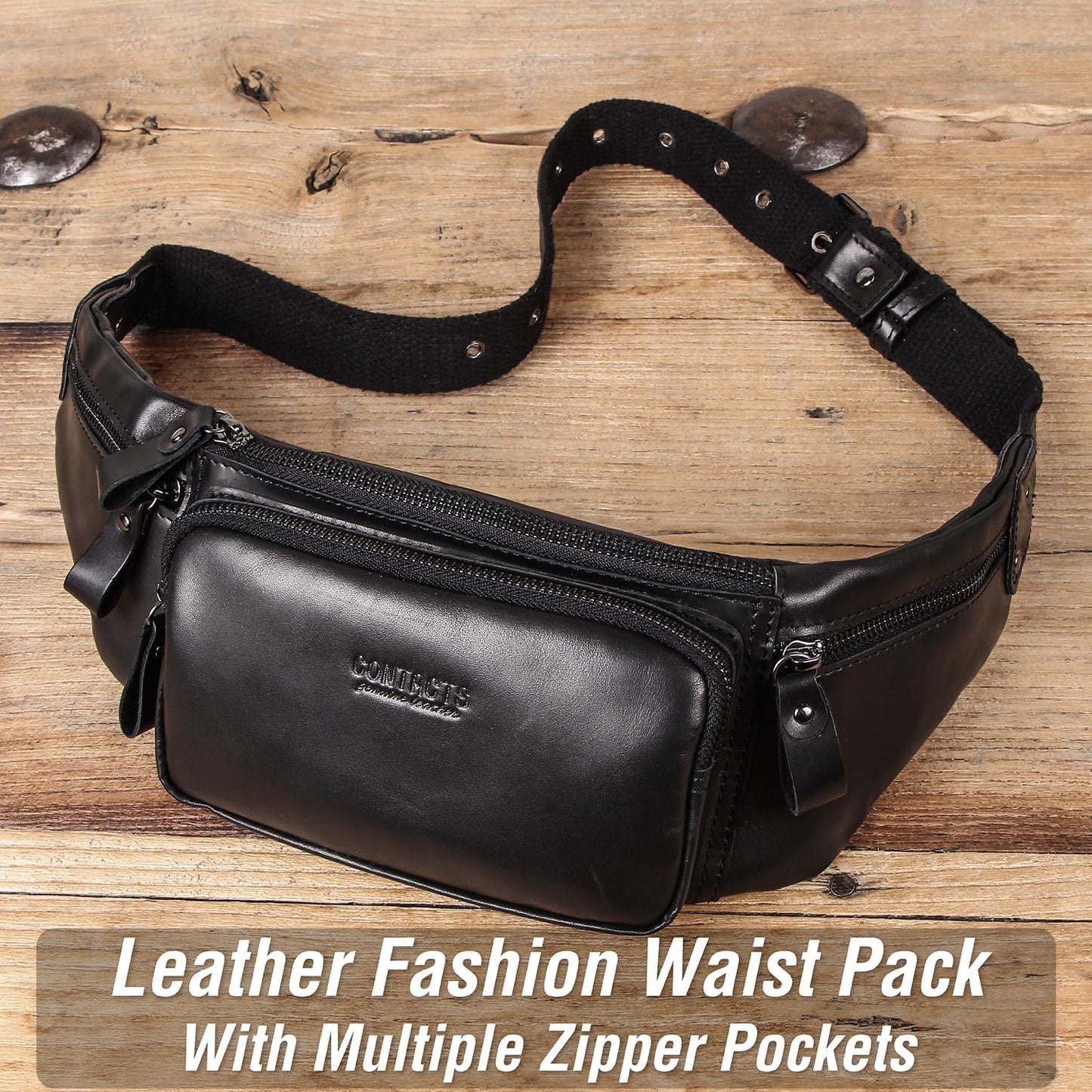 Top Grain Genuine Leather Slim Waist Pack for Man & Woman, Vintage Design & 4 Zipper Pockets & Adjustable Strap, Handmade, Large Capacity Fanny Pack Crossbody Belt Bag for Travel or Ride, Glossy Black