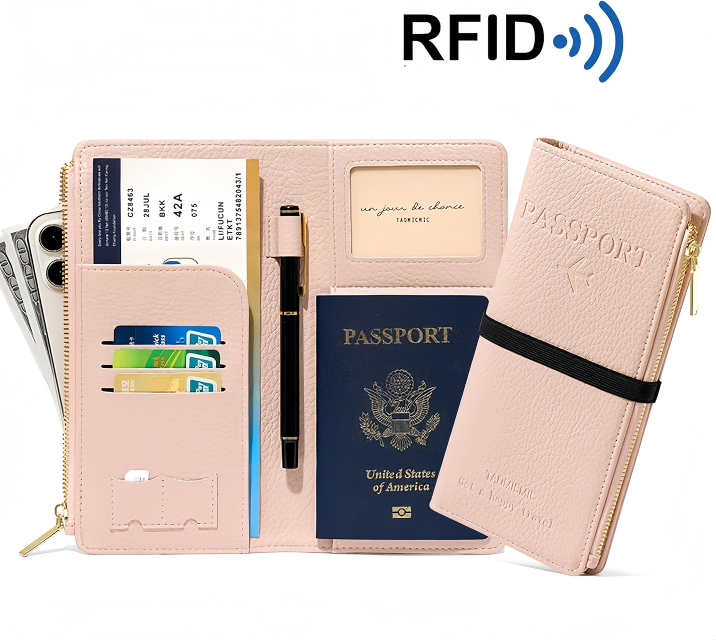 RFID-Blocking Leather Travel Wallet & Passport Holder with Zipper Pocket, Card Slots, and Phone Compartment – Waterproof Travel Organizer for Women & Men. TG-1 (Green)