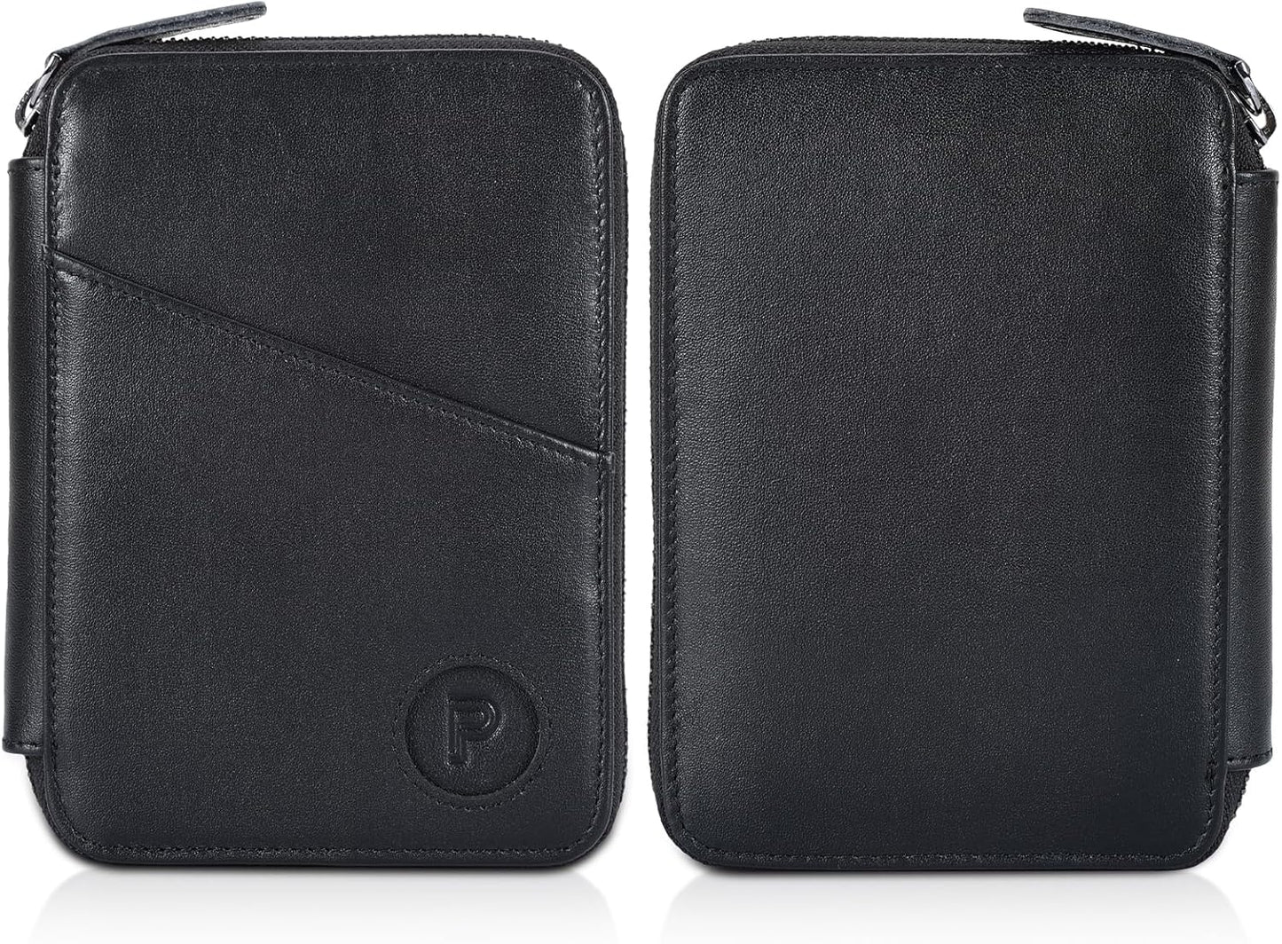 Polare Full Grain Leather Travel Passport Wallet RFID Blocking Passport Holder Soft Bifold Cover Case with YKK Zipper (Black with AirTag Slot)
