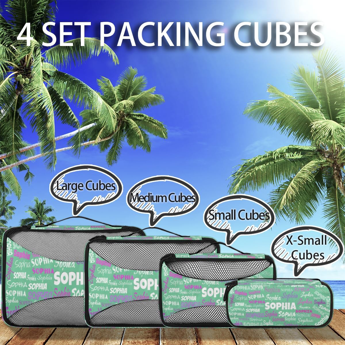 Personalized Name 4 Set Packing Cubes Luggage Packing Organizers Travel Accessories for Women Girls, Light Green